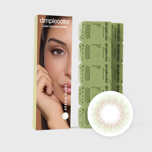 Dimplecolor contact lens packaging with a close-up of a woman's face and a green contact lens.